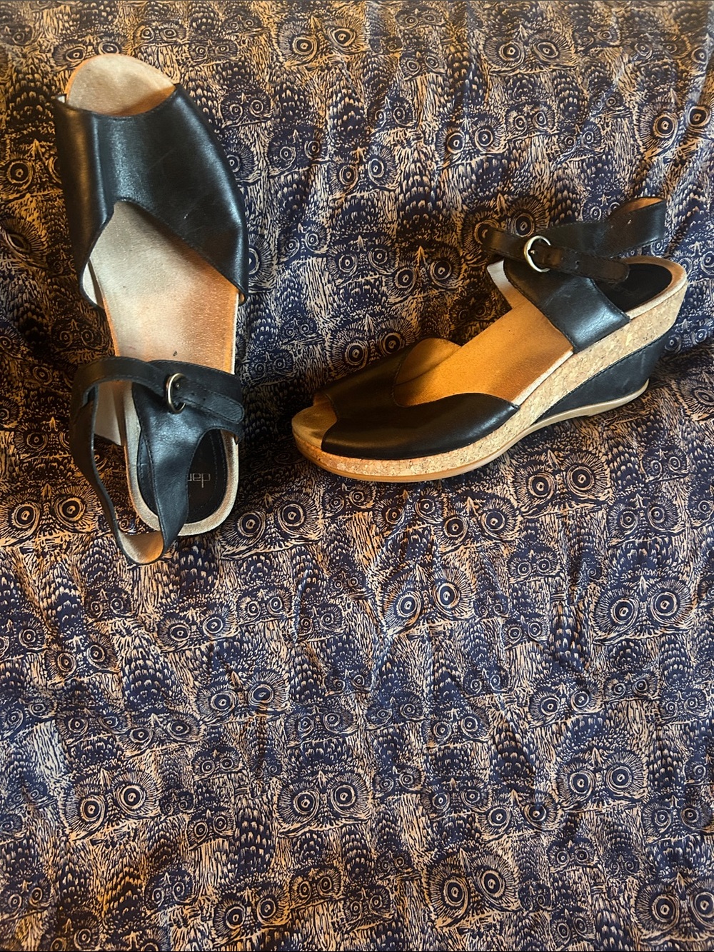 Dansko Charlotte Black Leather Cork Wedge Sandals